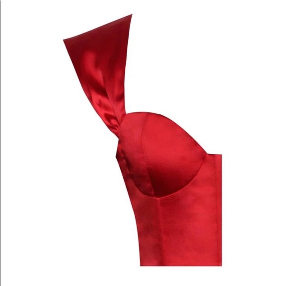 Red sweetheart draping sleeve satin corset dress - Picture 9 of 10